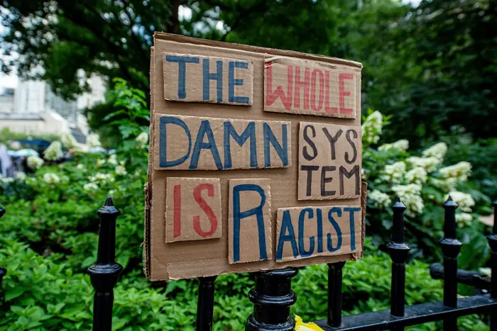 A protest sign says "The whole damn system is racist."